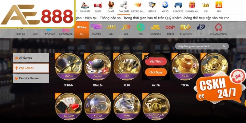 Tổng quan danh mục trò chơi AE888 đa dạng